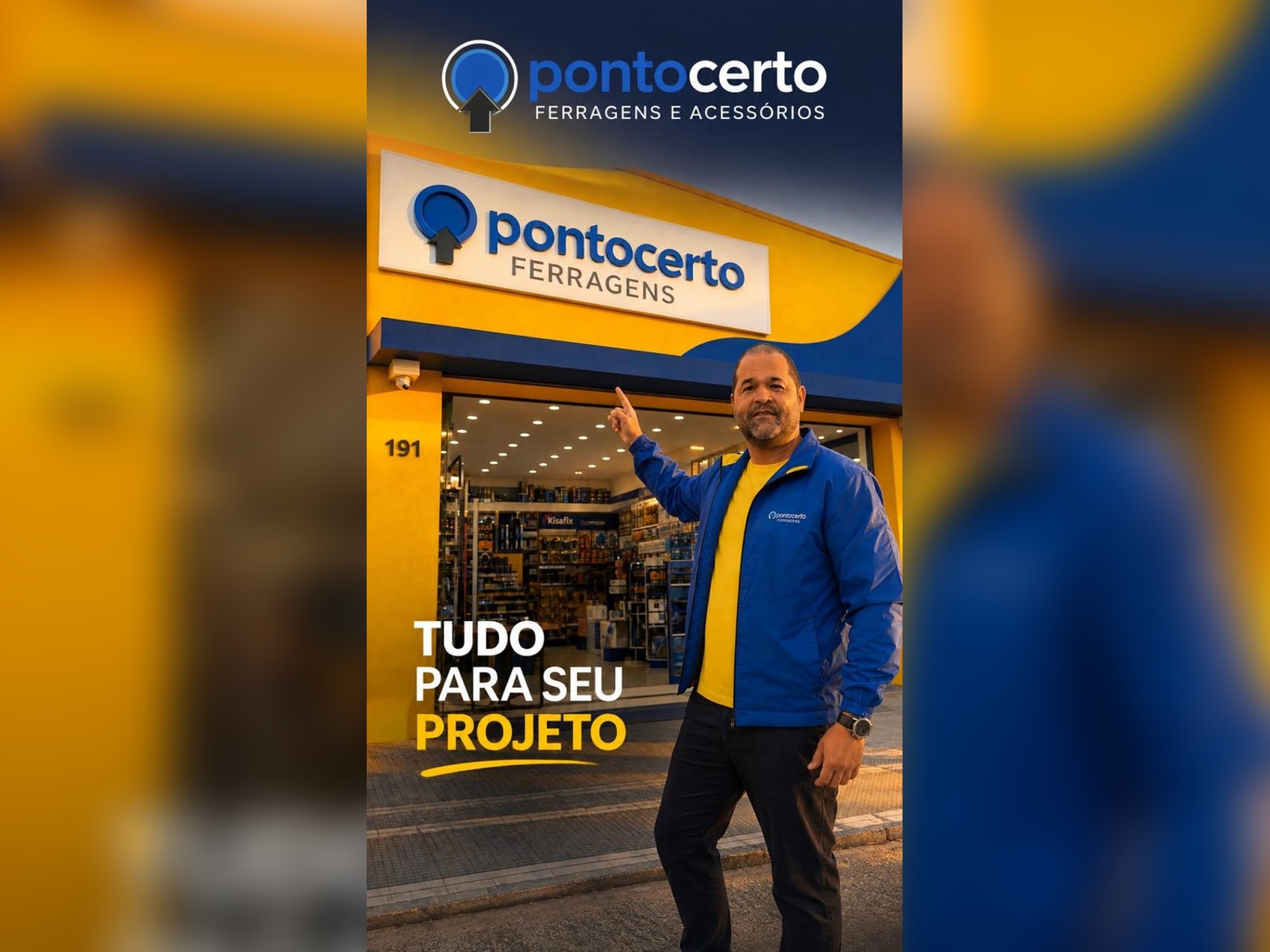 Fachada da Ponto Certo Ferragens no Brás, com a equipe na entrada da loja